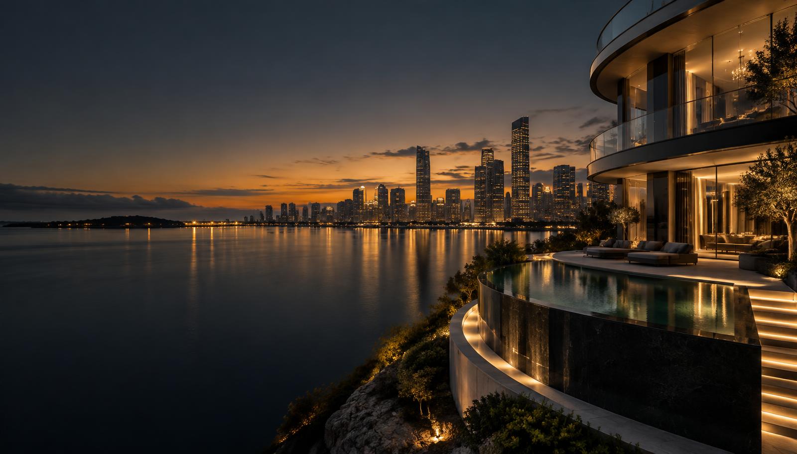 Illuminated city and modern waterfront architecture at twilight